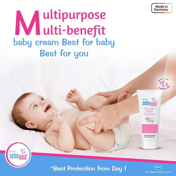 A clean, clinical-style square ad featuring a baby and the product tube, highlighting key skin health benefits with clear, authoritative text.