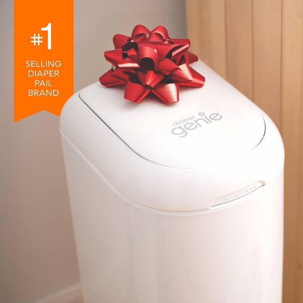 A clean, minimalist product shot of a white diaper pail featuring a festive gift bow and a prominent number one brand claim.