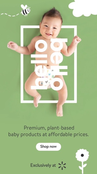 A vertical ad creative for baby diapers featuring a centered, smiling baby surrounded by soft green branding and bold brand text.