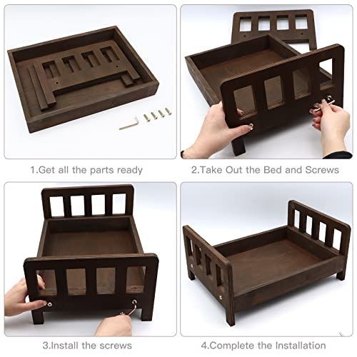 A clear, four-panel instructional grid showing the easy assembly process of a miniature wooden bed using only a few provided screws.