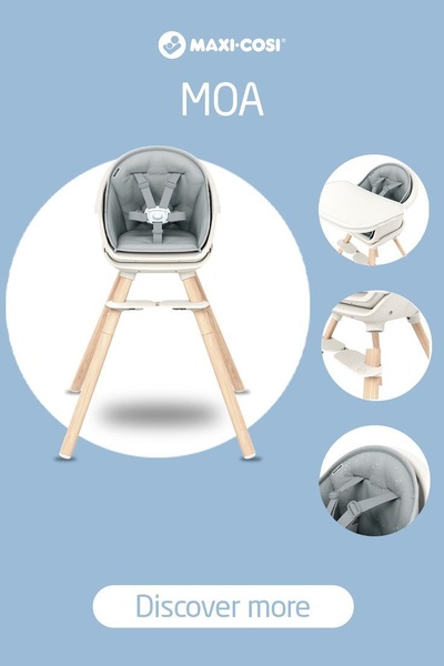 A clean, studio-lit ad creative highlighting the modular functionality and adjustable components of the MOA high chair.