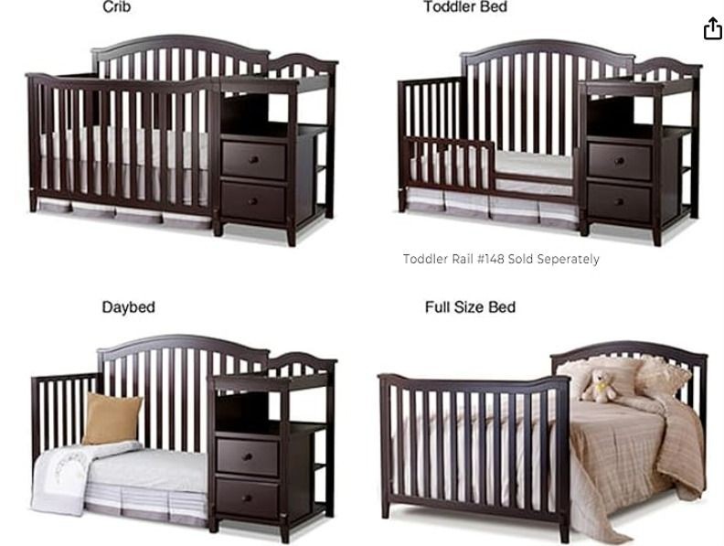 A clear, four-pane grid demonstrating the versatility of a single convertible crib as it transitions from a newborn crib to a full-size bed.
