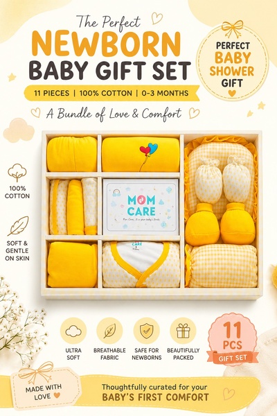 baby gift set, newborn gift set, baby shower gift, newborn essentials set, baby clothing set, infant gift basket, bundle offer, product launch, flat lay, modern typography, playful, warm, yellow, neutral