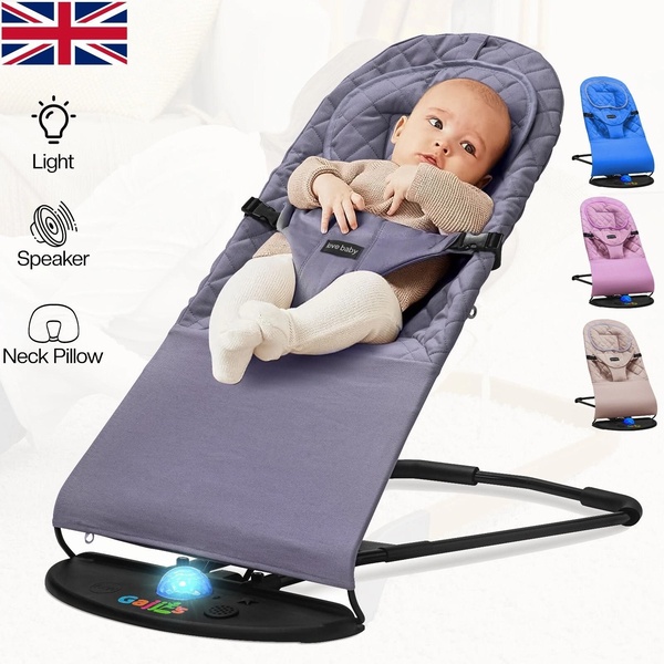 A high-clarity product advertisement for a baby bouncer showing key integrated features and available color options in a clean 1:1 layout.