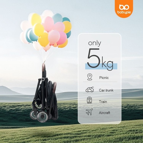 This ad creative uses a surreal, light-as-a-feather visual metaphor to communicate that the stroller weighs only 5kg, making it perfect for travel.