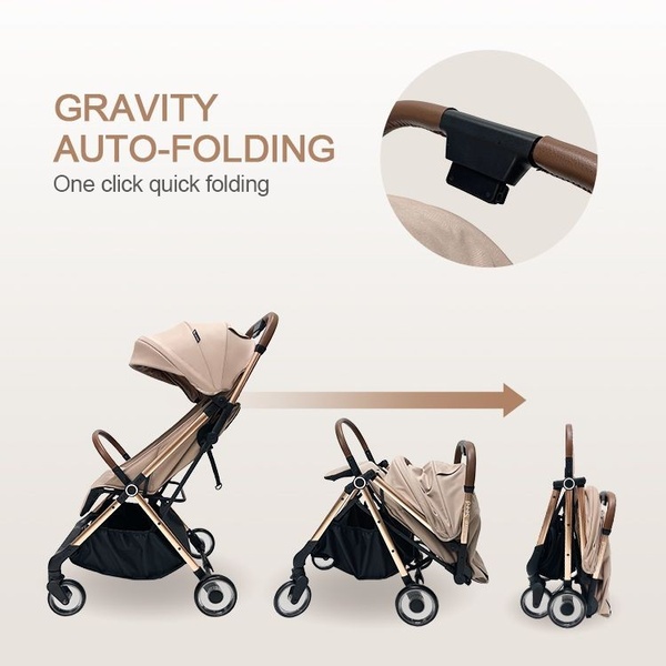 A clear, instructional ad creative demonstrating the gravity auto-folding mechanism of a baby stroller using a sequence of three progressive states.