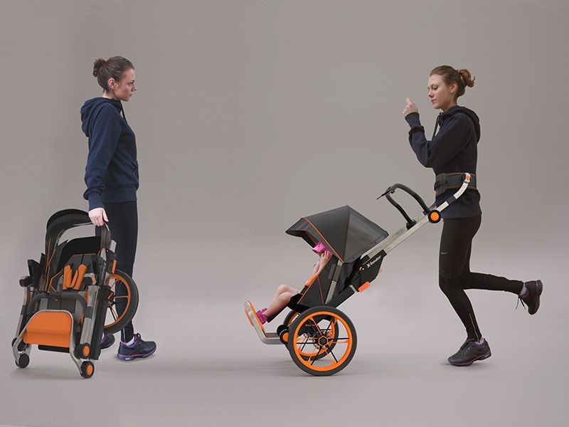 A split-view image showing the same user with a jogging stroller in both folded and fully assembled, ready-to-use configurations.