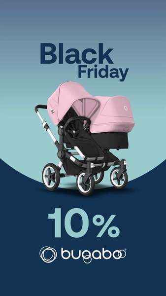 A high-contrast, minimalist promotional graphic showcasing a double stroller with a clear Black Friday discount offer.