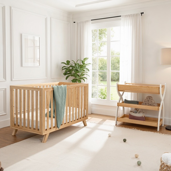 A clean, bright lifestyle shot of a modern wooden baby crib and matching changing table in an airy, sun-drenched room.