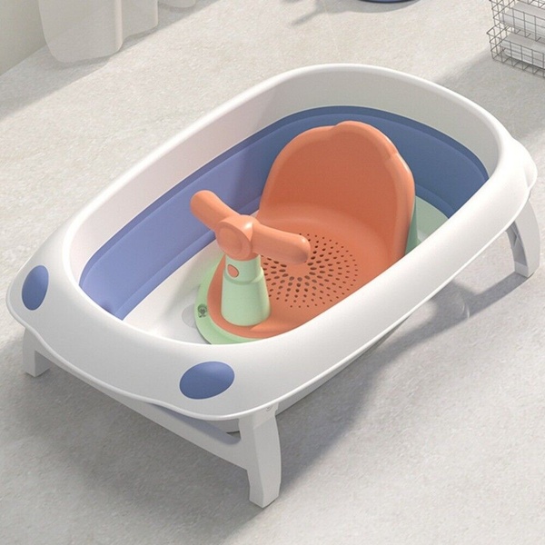 A high-clarity, top-down product shot of a foldable baby bathtub featuring integrated support and soft, pastel color accents.