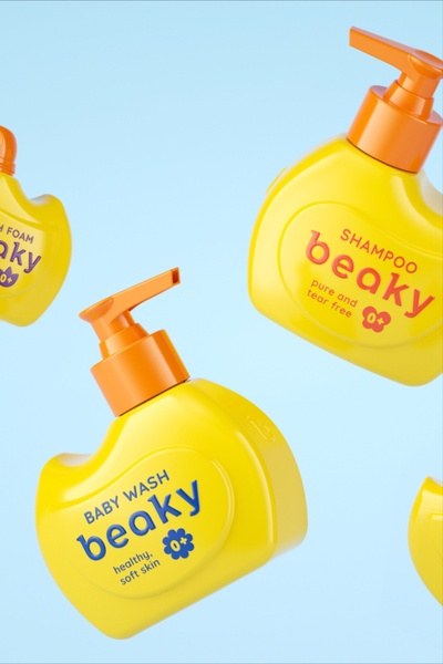 This creative utilizes a floating, multi-angle 3D display of baby wash bottles against a clean, soft-blue background to emphasize product clarity and brand consistency.