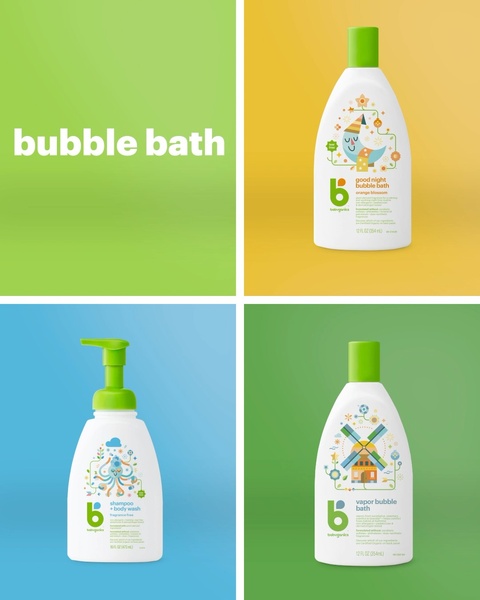 A clean 2x2 grid featuring various Babyganics bubble bath and body wash products against bright, solid, contrasting colored backgrounds.