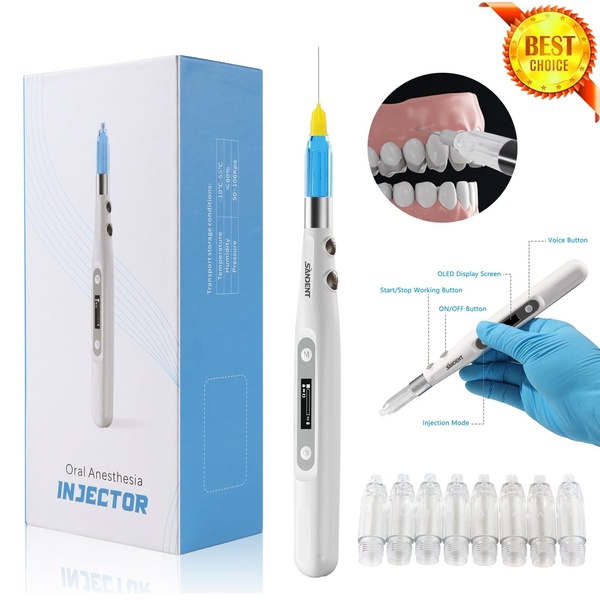A high-clarity, instructional product shot highlighting device components, usage modes, and clinical application for an oral anesthesia injector.