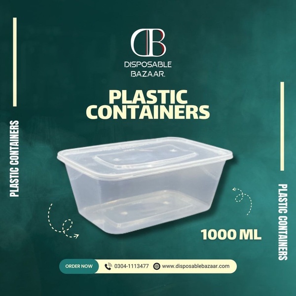 A minimalist, square-format product hero ad showcasing a 1000ml plastic container against a dark green studio background.