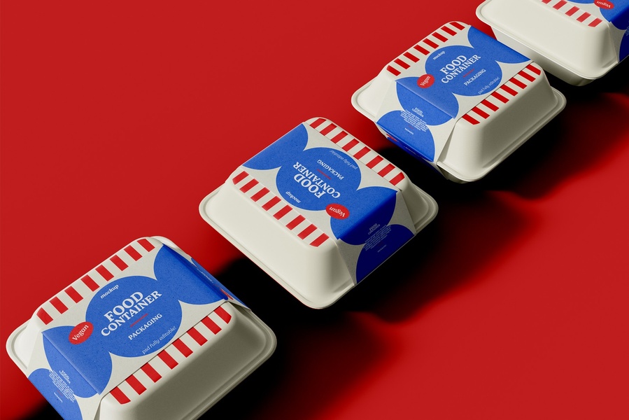 A high-quality 3:2 ratio studio mockup displaying multiple food containers in a clean, isometric arrangement.