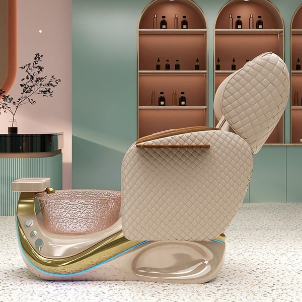 A high-end pedicure chair is presented in a modern, serene salon setting, highlighting its elegant quilted upholstery and premium brass accents.