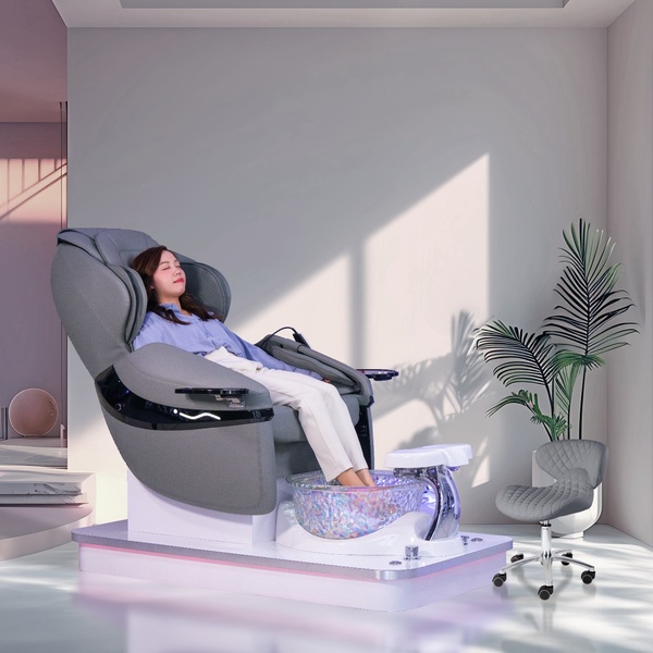 A high-end pedicure chair is presented in a minimalist, sun-drenched space with a model experiencing the luxury massage features.