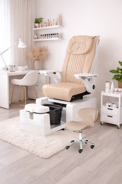 A clean, bright lifestyle photograph featuring a high-end, diamond-stitched pedicure chair in a professional, minimalist salon setting.