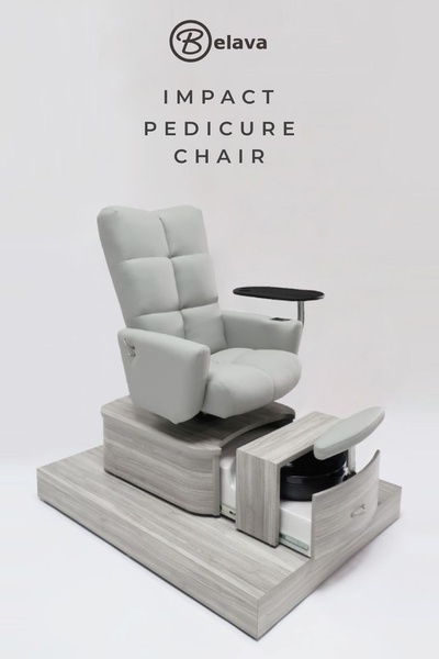 A high-quality product hero shot of the Belava Impact pedicure chair set against a clean, white, minimalist studio background.