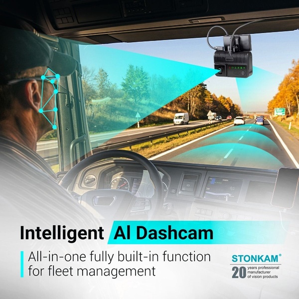 The creative highlights a dashcam's predictive field-of-view capabilities using blue sensor-visualization graphics to illustrate AI-driven driver safety.