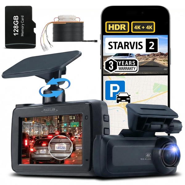 A high-clarity 1:1 square display showing a dash cam unit, a 128GB memory card, and a smartphone interface highlighting 4K HDR recording features.