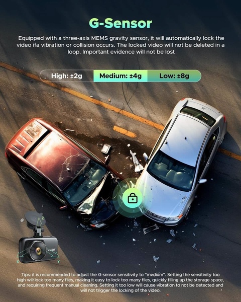 An informative ad creative explaining the three-axis G-sensor functionality of a dash cam, using a simulated collision to demonstrate automatic video locking.