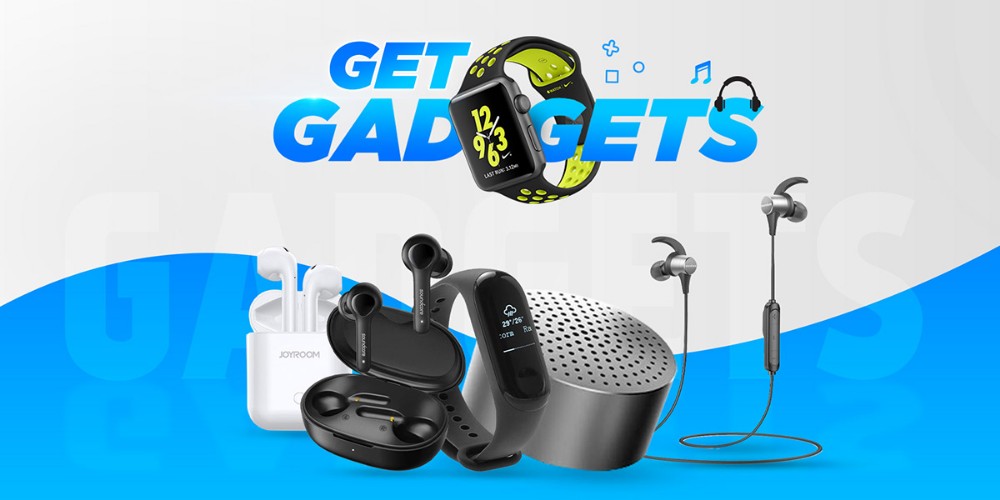 wireless earbuds, smartwatch, bluetooth speaker, wireless headphones, fitness tracker, tech gadgets, sale promotion, bestseller push, modern typography, minimalist, energetic, bold, blue, neutral