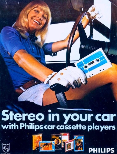 A classic lifestyle advertisement featuring a woman in a car holding a cassette tape, promoting car cassette players with a focus on ease and enjoyment.