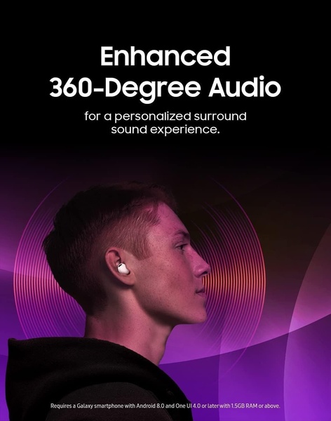 A high-contrast, minimalist promotional graphic showcasing wireless earbuds with a focus on immersive sound technology.