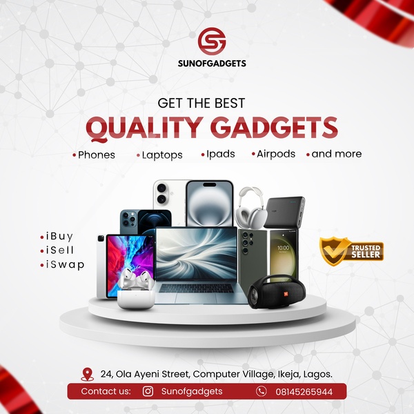 A clean, professional display showcasing a wide variety of electronics including phones, laptops, and headphones, emphasizing a trusted seller status.