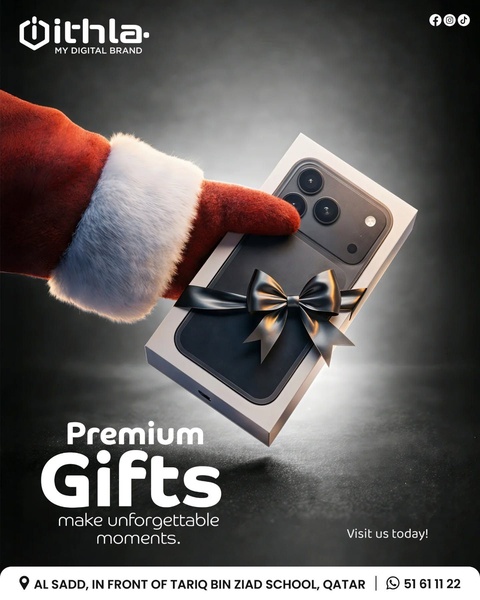 A high-end product ad featuring a hand representing Santa holding a premium smartphone box with a bow, emphasizing gifting for special moments.