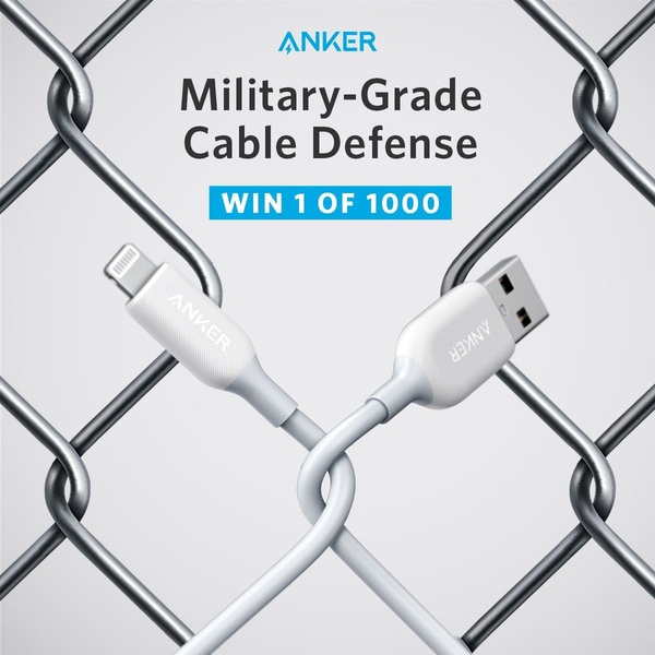 A 1:1 square ad creative showing a charging cable wrapped around a metal chain-link fence to visually demonstrate superior durability.
