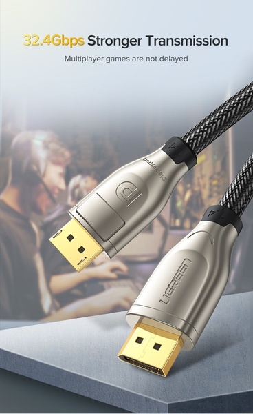 A high-definition product close-up of a premium DisplayPort cable, using a performance-driven headline to emphasize speed and gaming stability.