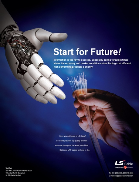 A high-contrast visual showing a robotic hand meeting a human hand holding fiber optic cables to represent future-focused connectivity.