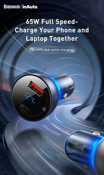 A high-performance visual focusing on a car charger's fast charging capabilities with motion blur and glowing blue neon accents to signify speed.