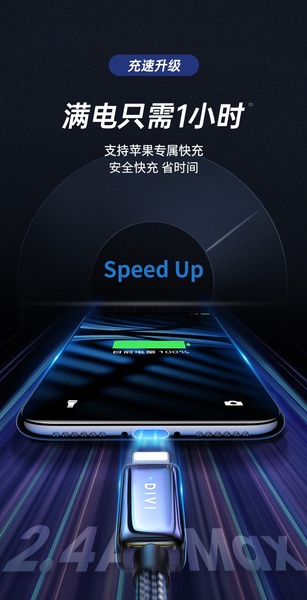 This vertical mobile ad features a glowing fast-charging cable connecting to a smartphone, highlighting a '1 hour to full' benefit.