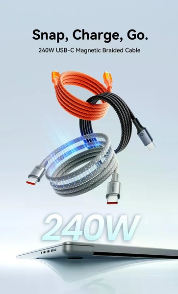A minimalist, high-contrast product showcase featuring three colors of braided magnetic USB-C cables, highlighting the 240W power capability.