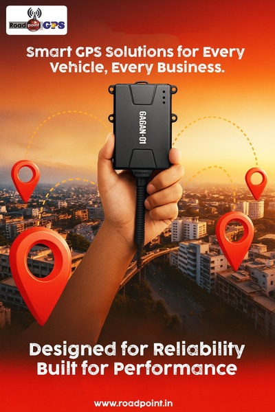 A close-up of a person holding a GAGAN-01 GPS tracker against a scenic sunset, with map pins visualizing connectivity and fleet coverage.