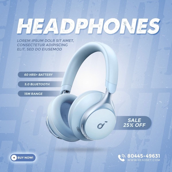 A clean, blue-toned square ad featuring a single product with highlighted specs and a clear sale incentive.