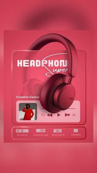 A high-contrast, monochrome ad creative showcasing headphones with a clear feature-list layout and a lifestyle inlay.