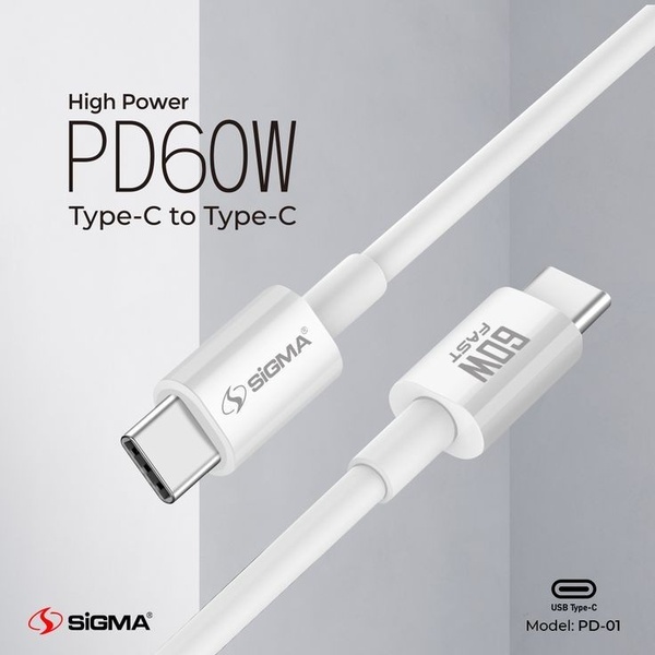 A clean, studio-lit shot of a white USB Type-C charging cable emphasizing its 60W fast-charging capabilities.
