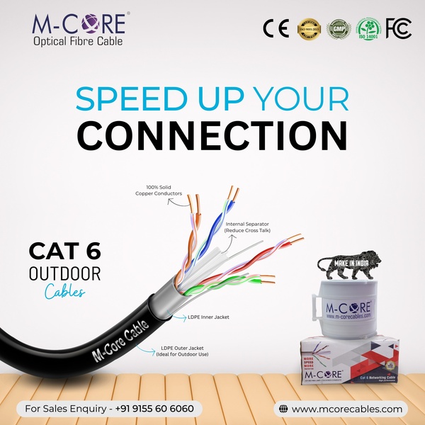 A high-clarity technical advertisement showcasing the internal construction of an Optical Fibre Cable with clear labels and brand certification icons.
