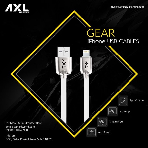 A high-contrast 1:1 square graphic for an iPhone USB cable highlighting key hardware specs through iconography.