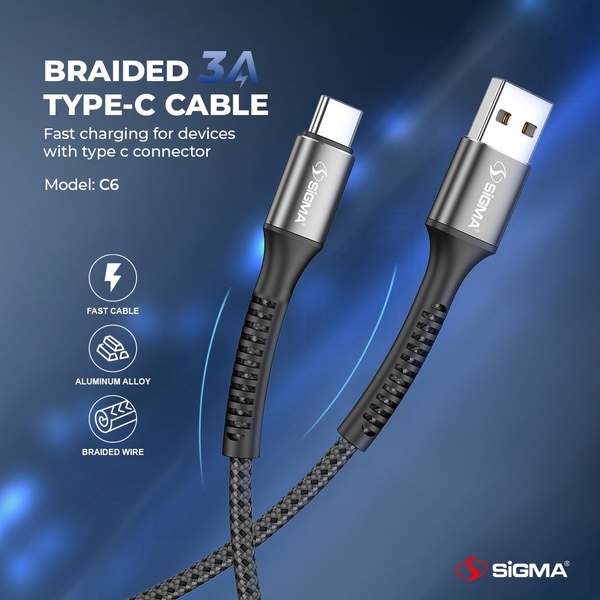A clean, studio-lit product showcase of a braided USB Type-C cable featuring clear performance icons against a professional blue gradient background.