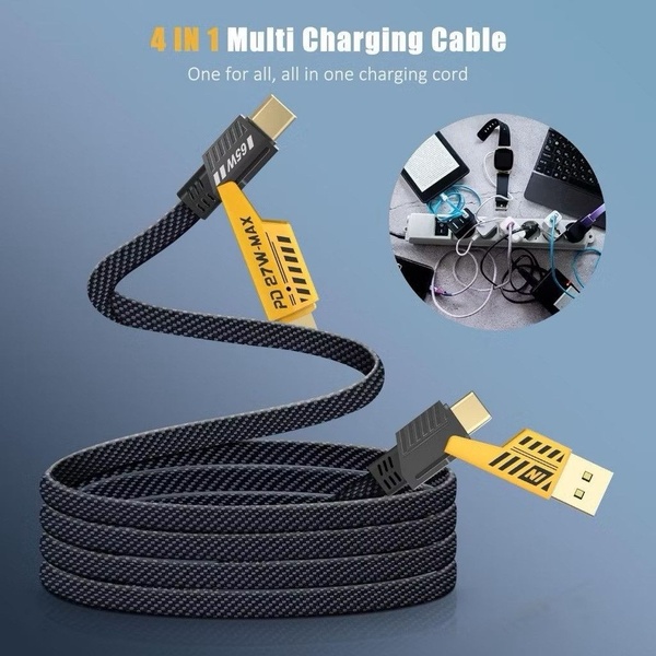A clean, studio-lit display showcasing a 4-in-1 cable with a yellow-accented industrial design, set against a simple blue gradient background.