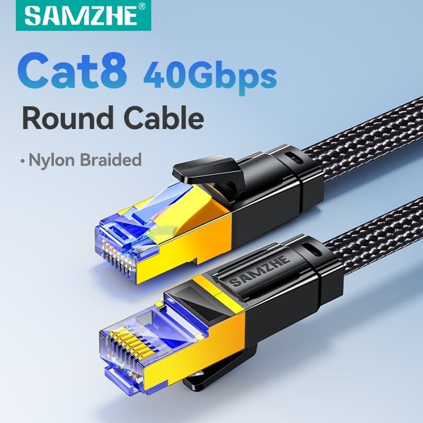 A clean, high-contrast studio shot of a high-performance nylon braided ethernet cable, emphasizing speed and durability.