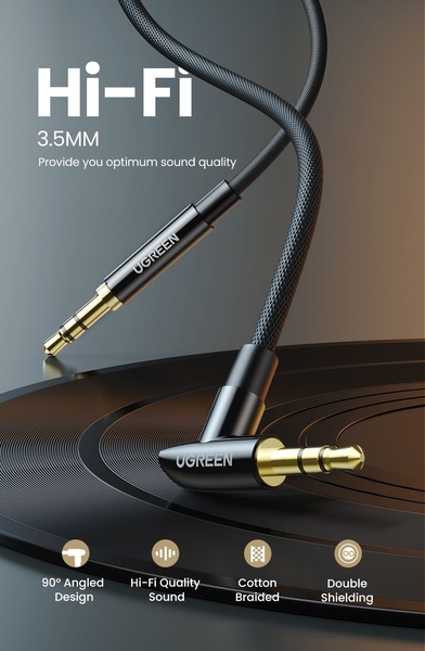 This ad creative highlights the key technical specifications of a high-quality 3.5mm audio cable through clean iconography and a bold, product-centered layout.