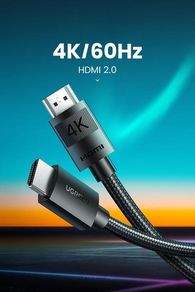 This creative highlights a braided HDMI cable against a vibrant, abstract background to emphasize technical quality and modern aesthetics.