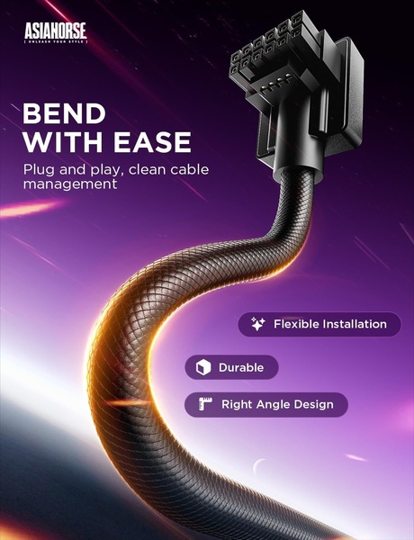 A high-contrast vertical ad featuring a 90-degree power connector cable with clear call-outs for flexibility, durability, and ergonomic design.