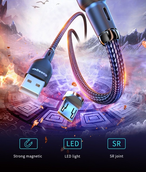 A high-impact, feature-focused ad displaying a magnetic charging cable with dramatic lighting and callouts for technical specifications.